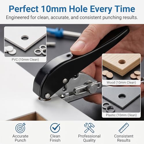 Image of 10mm Metal Hole Punch | Heavy Duty Single Hole Punch with 25-30 Adjustable Depth & Visual Alignment| Spring Loaded Precision Punch Tool for Woodworking, PVC, Plastic Sheets & Office Use