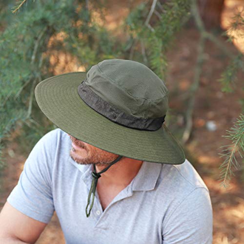 Image of Men Safari Sun Hat Wide Brim Boonie Fishing Cap with Adjustable Drawstring