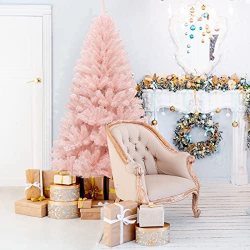 COSTWAY 6ft/7ft Pink Christmas Tree, Artificial Trees with 617/937 Branch Tips and Metal Stand, 3-section Hinged Xmas Tree for Seasonal Holiday Indoor Outdoor Decoration (180cm)