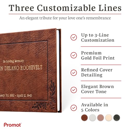 Image of Promot Funeral Guest Book for Memorial Service- Guest Book for Funeral Celebration of Life Decorations, in Loving Memory Guestbook Set with Wide-Ruled Pages, Custom Gold Foil Embossed Text (Brown)