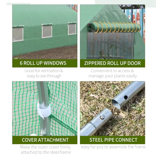 Outsunny 11.5x10x6.5 ft Walk-in Greenhouse with Roll-up Zipper Door Green - Image 4