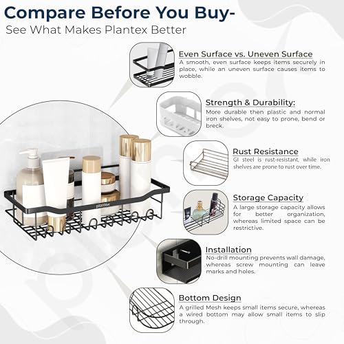 Image of Plantex Self Adhesive Bathroom Shelf /Wall Mounted Bathroom Shelves & Accessories /Organizer for Kitchen /Drill Free Racks-Stands-Holders /GI Steel Shelf for Wall-Pack of 2-(Black)