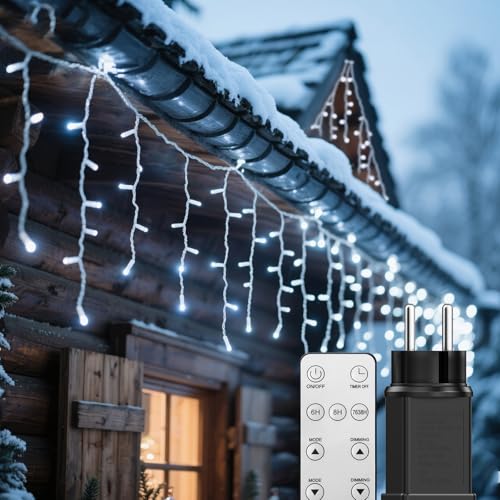 Cortina Luces Navidad Exterior 10M, 400LED Cadena de Luces, Guirnalda Luces Exterior, Función de Memoria, Temporizador, Decoración para Navidad, Fiesta, Boda, Jardín, Balcón, Ventana, Blanco Frío