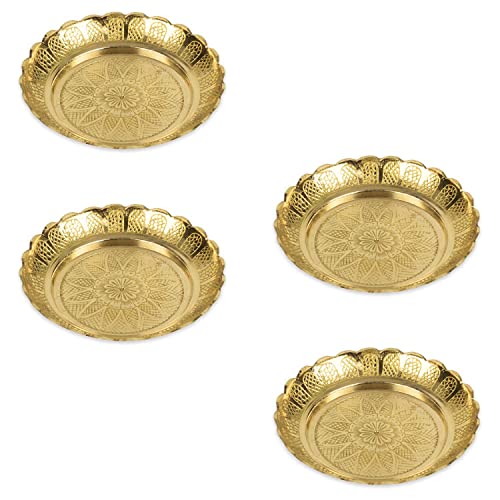 Image of Klassic Small Brass Puja Thali /Bhog Thali for Mandir with Flower Engraved Design for Home & Temple Decoration & Gifting (Gold, 4 Inch, Pack of 4)