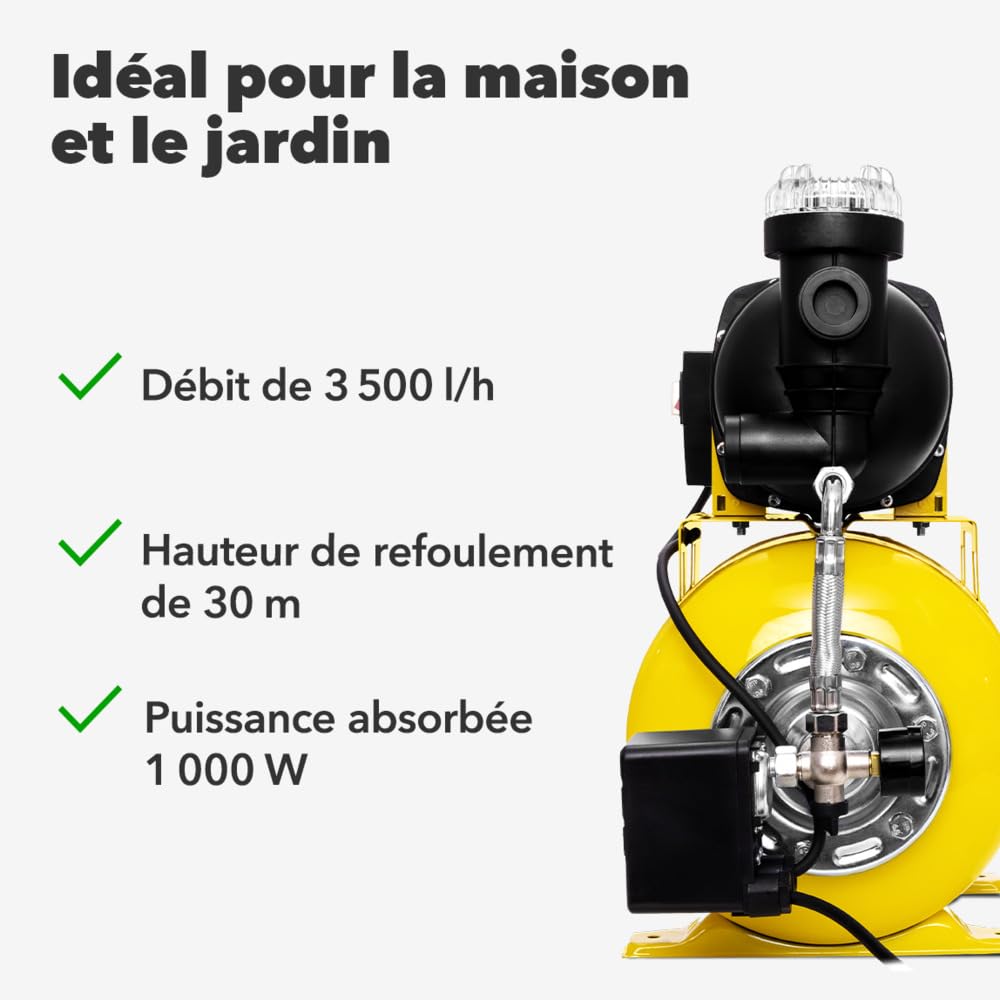 TROTEC Station d'eau domestique TGP 1025 EF - pompe avec préfiltre, débit 3500 l/h, 1000 W, hauteur de refoulement 30 m - économie d'énergie, redémarrage automatique, arrêt automatique, pour | Acier inoxydable, 3500 l/h, 1000 W, hauteur de refoulement 30