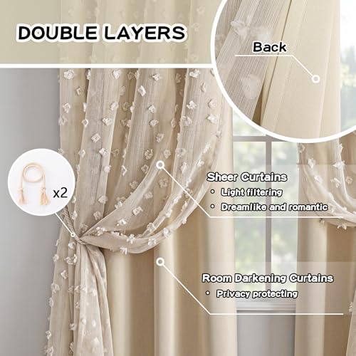 Image of MYSKY HOME Double Layer Curtains for Girls Bedroom Kids Curtain Beige Pom Pom Sheer Window Curtains 2 Panels Beige Curtains Grommet Room Darkening Solid Nursery Curtains 63 Inches Length, W52 X L63