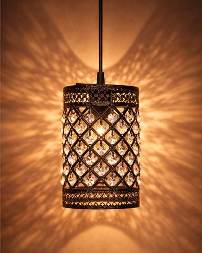 Image of Homesake Moroccan Crystal Hanging Pendant Light, Vintage Metal Jali Ceiling Lamp, Bulb Included for Living Room, Bedroom & Balcony, Warm Ceiling Light, Black Round