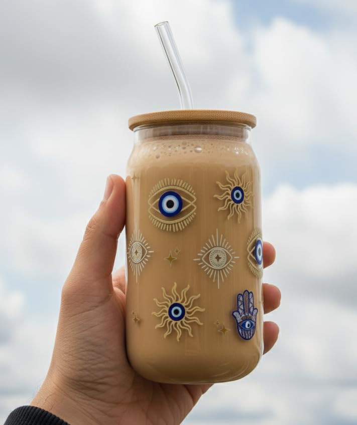 Image of THE UMBRELLA STORE Evil Eye Glass Tumbler Bamboo Lid and Straw, Coffee Tumbler, Reusable Glass (Evil Eye)