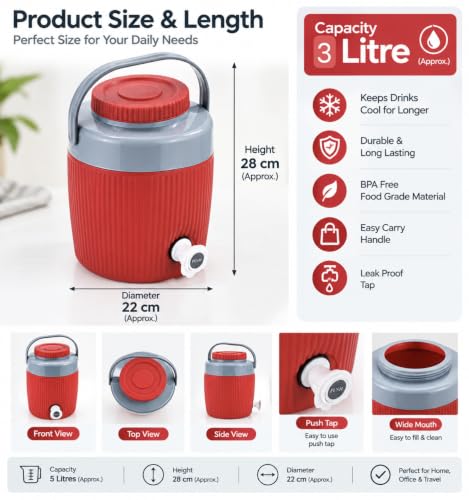 Image of Insulated Water Jug with Leak Proof Tap, 3 Litre, Red | eco Friendly