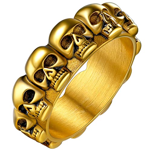 FaithHeart Skull Rings for Men Gothic Punk Stainless Steel Band Rings Biker Skeleton Thumb Ring Cocktail Party Jewelry with Gift Box 8 skull band black