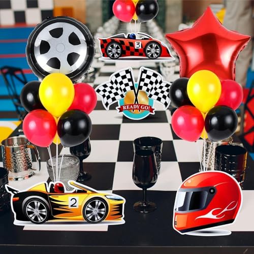 Image of 6 Sets Race Car Party Balloons Stand Kit Racing Car Table Centerpieces Decor Red Black Yellow Balloon Race Car Birthday Party For Boys Let's go Birthday Racing Sports Themed Decorations