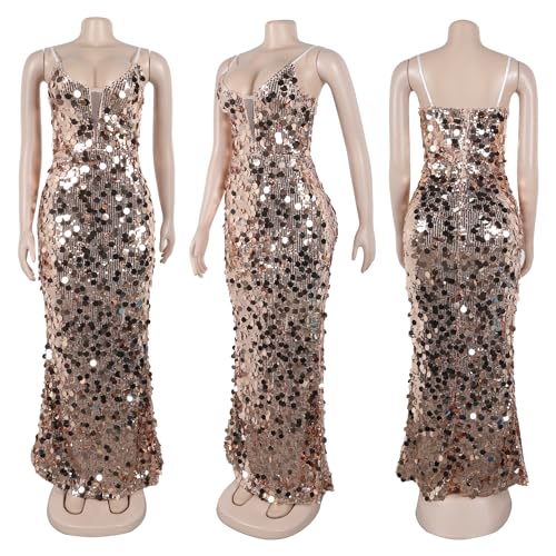 Image of Jigfar Women's Sexy Elegant Sparkly Sequins Spaghetti Straps V Neck Bodycon Maxi Dress(FK3393,Gold,3XL)