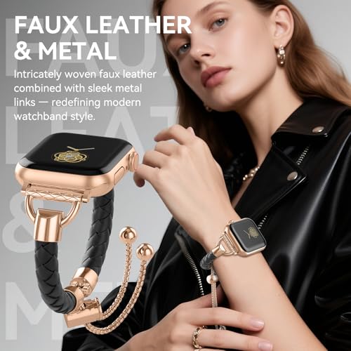 Image of Leather and Metal Band Compatible with Apple Watch Bands for Women,Adjustable Designer Cute Stylish Strap for iWatch Series11 /10 /9 /8 /7 /6 /5 /4 /3 /2 /1 /SE /Ultra