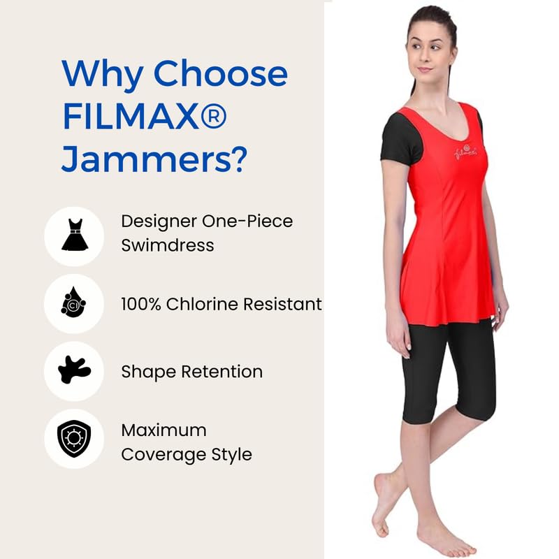 Image of Originals Swimming Costume for Women's One-Piece Beach Wear with Sleeve & Skirted 3 /4 Leggings Maximum Covered Swim Wear Dress (L - 7XL)