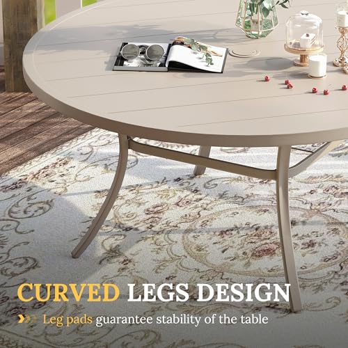 Image of VICLLAX 63 inch Outdoor Round Patio Table with Umbrella Hole, All Weather Metal Round Outdoor Dining Table for Lawn Garden, 8-10 Person Table, Sandshell