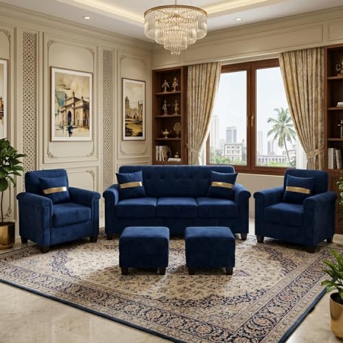 Image of FURNY Woodswave 5 Seater 3+1+1+2 Puffy Sofa Set for Living Room in Premium Velvet Finish (Dark Blue) Durable & Comfortable Ideal for Living Rooms