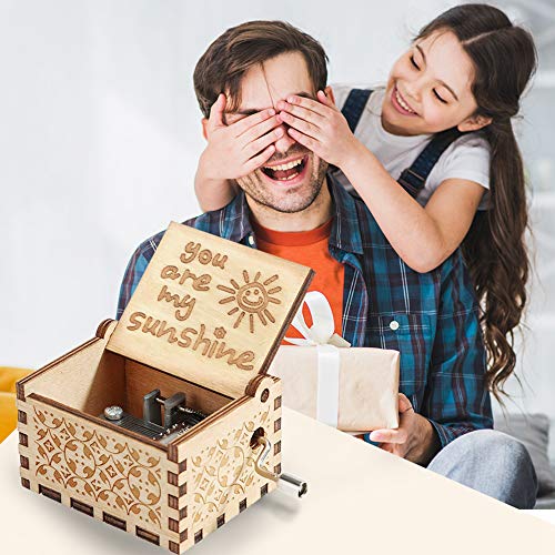 Hexagram You are My Sunshine Music Box Vintage Laser Engraved Wooden Musical Boxes Gifts for Birthday/Valentines Day/Thanksgiving Day/Christmas Cute Hand Cranked Small Sunshine Music Box Home Decor