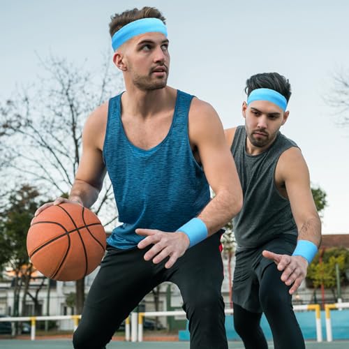 Image of 24 Pieces 80s Neon Sweatbands Set, Include 8 Sports Headbands and 16 Sweat Wristbands Elastic Athletic Tennis Sweat Bands Bulk for Man Woman