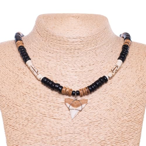 BlueRica Shark Tooth on Coconut and Shell Beads Necklace (20" 4U)3