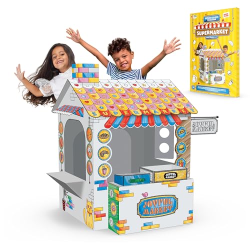 Joya Creative Supermarkt Karton Spielhaus zum Ausmalen – Kreatives Kaufladen-Spielset für Kinder – Einfacher Aufbau und Fördert Kreativität – Buntes Design zum Selbergestalten