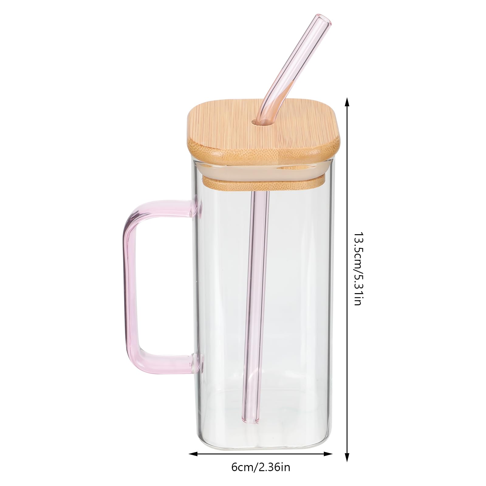 Hemoton Drinking with Bamboo Lid and Set - 13.5Oz(400ml) Square Cup with Handle, Iced Coffee Glasses (Pink)