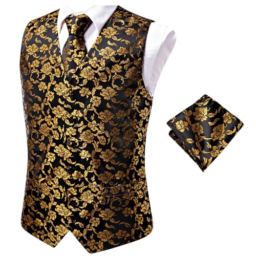Men’s Paisley Silk Vest Set 3-Piece Textured Dress Waistcoat with Tie and Pocket Square for Wedding or Formal Suit