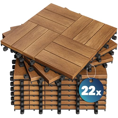 CASARIA® 22x Dalles bois clipsables 30x30cm bois d'acacia certifié FSC® dalle bois terrasse extérieur antidérapant sol balcon jardin caillebotis...