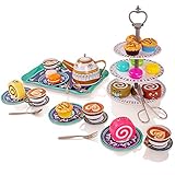 El juego de té está hecho de metal de alta calidad, mientras que los accesorios como el playfood son de plástico de alta calidad. Diseñado con bordes extra suaves para mayor seguridad.