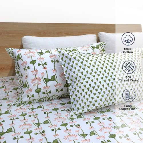 Image of TOAI Hand Block Printed Bedsheet | Bed Spread Flatsheet Bed Sheet | Pure Cotton | Double Bed Queen Size 90 inchx108 inch | 300 TC Long Staple Cotton | 2 Reversible Pillow Covers |Orange Pink Lotus Vines