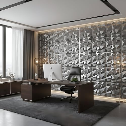 Image of Kayra Decor 3D PVC Wall Panels - Small Diamond Design, Silver Color, 19.7 inch x 19.7 inch (Pack of 18) | Covers 42.28 Sq. Ft. |