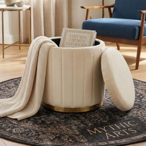 Image of Superior Round Storage Ottoman Stool 13 X 13X 16 inch, with Gold Metal Base | Elegant Pouffe with Secret Storage | Cushioned Footrest for Living Room, Bedroom, and Lounge Cream