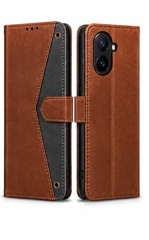 Image of HushLush Premium Flip Cover Compatible for Redmi A7 Pro | Shockproof Wallet Style Protective Case with Card Slots, Magnetic Closure, Stand Function & Full Body Protection (Dual Tone Metallic) (Brown)