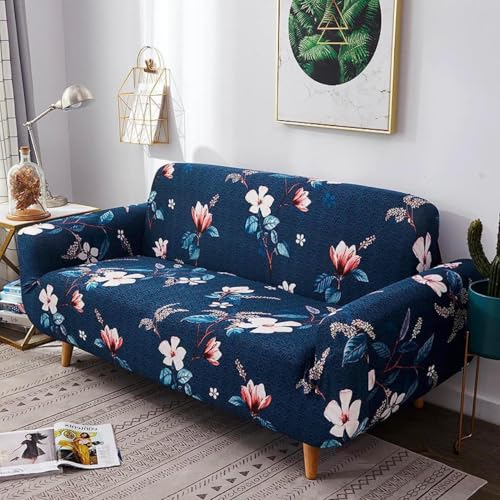 Image of BLUSH & BLOOM 3 Seater Elastic Stretchable Sofa Cover with Floral Print, Navy Blue, Elastic Slipcover for Living Room (Navy Blue)