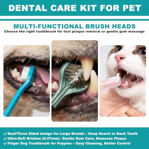 Image of Dog Toothbrush Kit, 360-Degree Finger Three-Sided Design, Replaceable Brush Heads, Easy Teeth Cleaning and Dental Care (20 Pack)