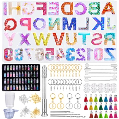Tailcas 314 Piezas Moldes Silicona de Resina Epoxi con Número de Letras, Kit con 48 Polvo de Purpurina y Accesorios para Hacer Colgante, Joyería, Llavero, DIY, Manualidades