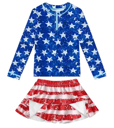 Image of Girls Rash Guard Set Two Pieces Printed Zipper Swimsuit Skirt with Shorts 3-12T