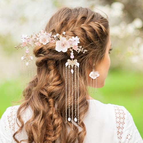 Image of MAYCREATE 5Pcs Flower Tassels Hair Pin Crystal Rhinestone Pearl Headpiece Drop Earrings Retro Brides Hair Accessories for Women Girls