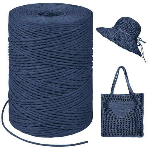 Image of Dark Blue Raffia Yarn for Crochet Bags, 1.5mm x 328 Yards Round String Raffia Ribbon for Gift Wrapping, Raffia Paper Ribbon Yarn for Crocheting Sun Hat, Bag, DIY Crafts, Holiday Decoration