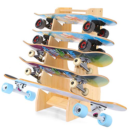AHOWPD Skateboard Rack, Floor Stand Skateboards Storage (Wood Color), Five-Layer Organizer for Deck, Longboard, Standard Skateboards, Mini Cruiser Skateboard (Needn't to Punch Holes to Damage Wall)