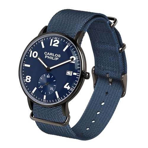 Image of Carlos Philip Men's Minimalist Analog Watch - Classic Dial with Date Display, Nylon Strap, Quartz Movement, Casual Everyday Style Watch for Men