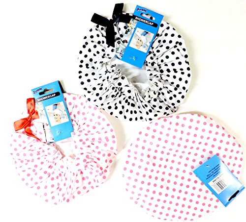 3 Pack Premium Lined Shower Cap Black and Pink Polka Dot Prints with Bow