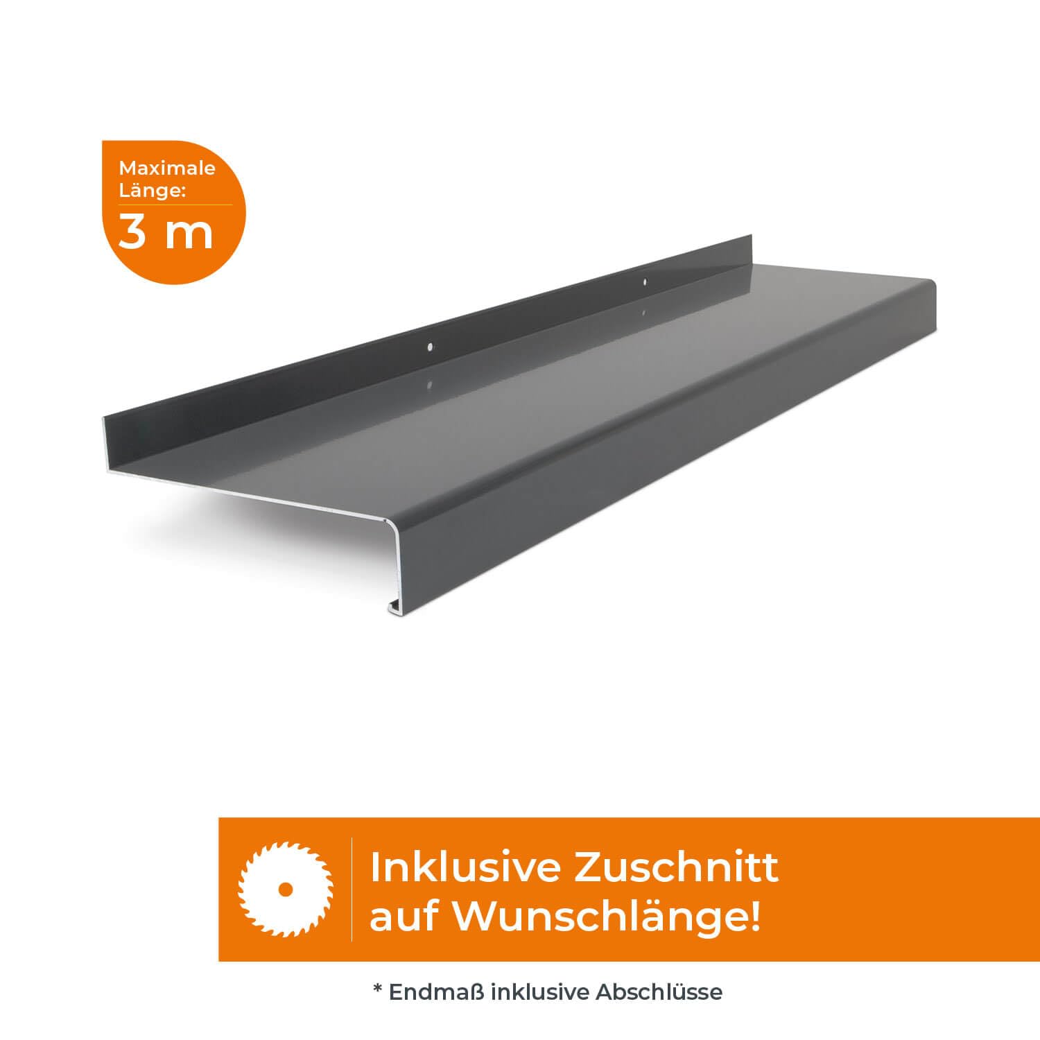 jetLINE Aluminium Fensterbank außen - nach Maß inkl. Putzabschluss, Klinkerabschluss oder Alu-Gleitabschluss - individueller Zuschnitt - bis 3 m (Anthrazit, T x L | 13 x 100 cm)
