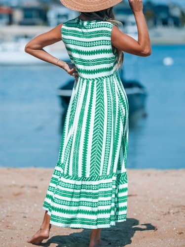Image of CUPSHE Women's Ruffle Beach Maxi Dress Split V Neck A Line Sleeveless Stripe Geometric Pattern Casual Summer Dresses