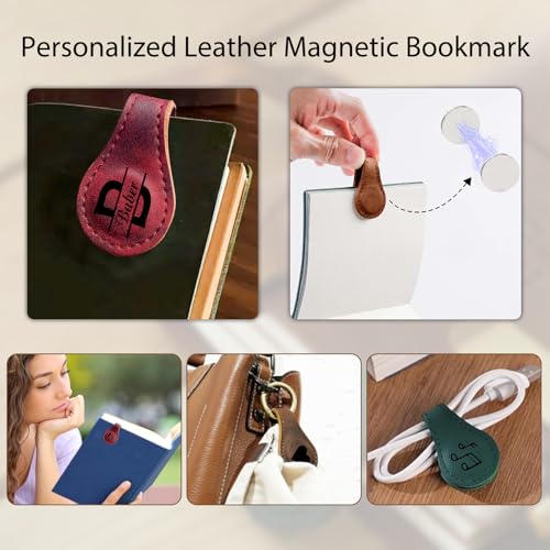 Image of Personalized Leather Magnetic Bookmarks - Custom Magnetic Leather Bookmark with Engraved Logo Text, Vintage Bookmark Clips Customized Gifts for Women, Kids, Men, Book Lovers, Mother, Father