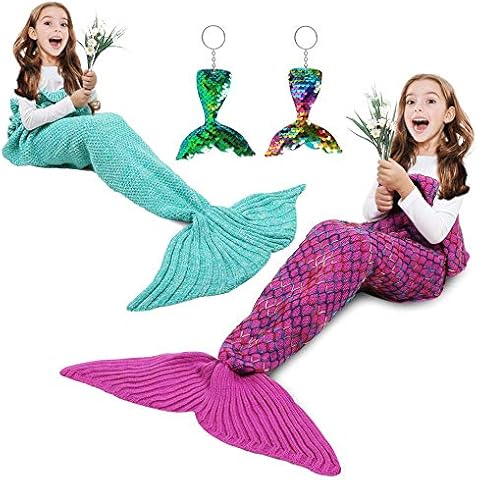AmyHomie Mermaid Tail Blanket, Hand Crochet Mermaid Blanket for Kids, Girls Gift All Seasons Sleeping Blankets for Bed Couch Cars (2 PCS) Cover