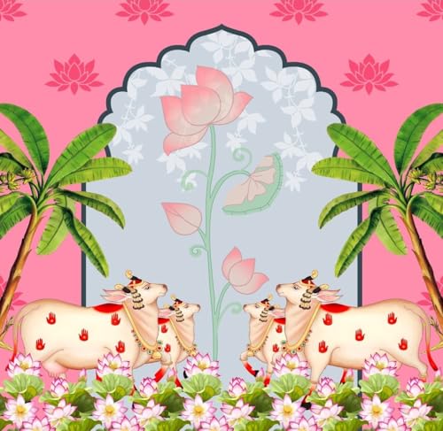 Image of varalakshmi Pooja Decoration Backdrop | pichwai backdrops Cloth for Decorations | Backdrop Cloth for Decoration Pooja (Light Pink 4 Cow (5x5 ft)) | puja Backdrop Decorations Cloth