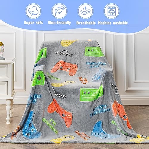 Glow in The Dark Gamer Gaming Blanket Gifts Toys for Kids Boys 1-14 Years Old Birthday Christmas Easter Gift Toddler Teens Boyfriends Game Controller Presents Throw Game Room Decor Grey 50"x 60" - Image 4