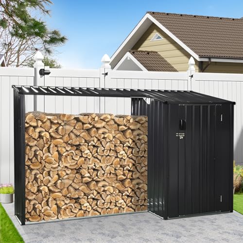 2-in-1 Metal Outdoor Storage Shed with Tool Locker & Firewood Storage, 9 × 5 FT Firewood Shed - Weatherproof & Versatile, Steel Garden Sheds for Backyard Garden Patio Lawn, Black