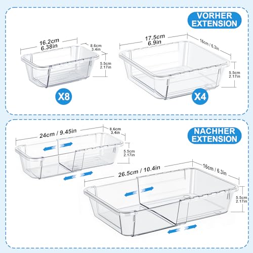 autumndeer 12 Stücke Transparent Verstellbar Schubladen Organizer Set, Schminktisch Organizer Schublade Make Up Organiser, Schubladen Ordnungssystem für Makeup, Küchen, Badezimmer, Büro, Schminktisch