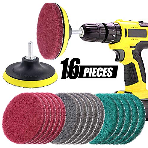 Swpeet 16Pcs 4Inch 3 Different Color Scrubbing Pads Drill Powered Brush Tile Scrubber